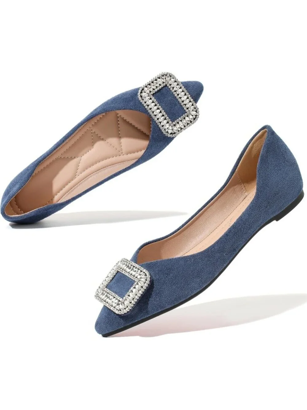 Women's Blue Suede Pointed Toe Rhinestone Ballet Flats Slip On Party Dress Shoes